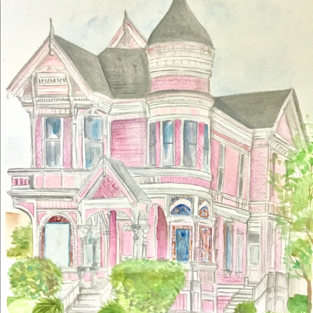 Watercolor Victorian Pink Lady House With Frame